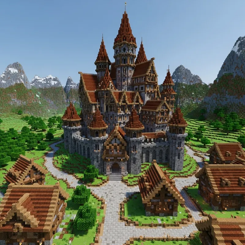 Rustic Large Medieval Castle in Minecraft 1.20 with Copper Roofs Rustic Large Medieval Castle in Minecraft 1.20 with Copper Roofs