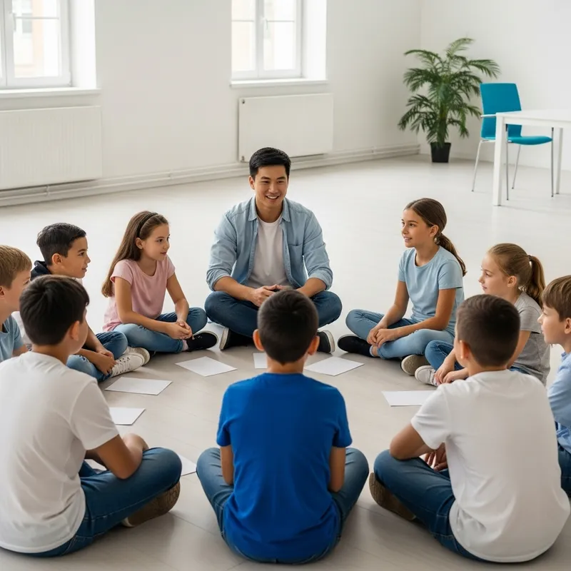 Group of 16 Kids Sitting in a Circle with a Monitor