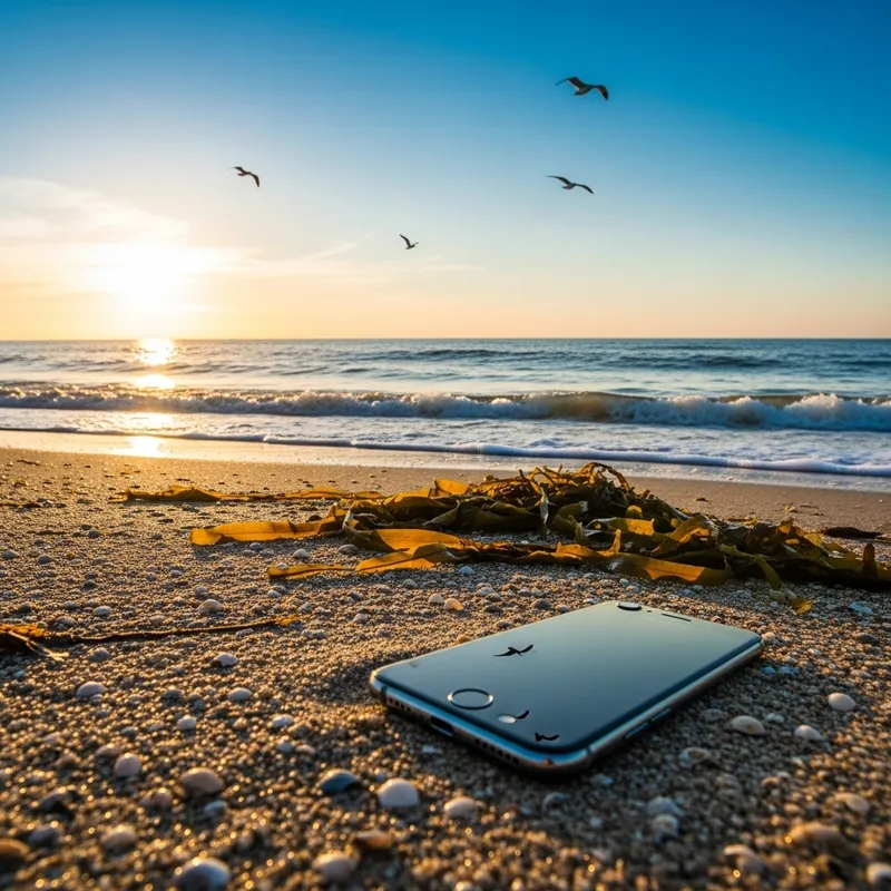 Tranquil Beach Scene: Phone on Shore at Sunrise