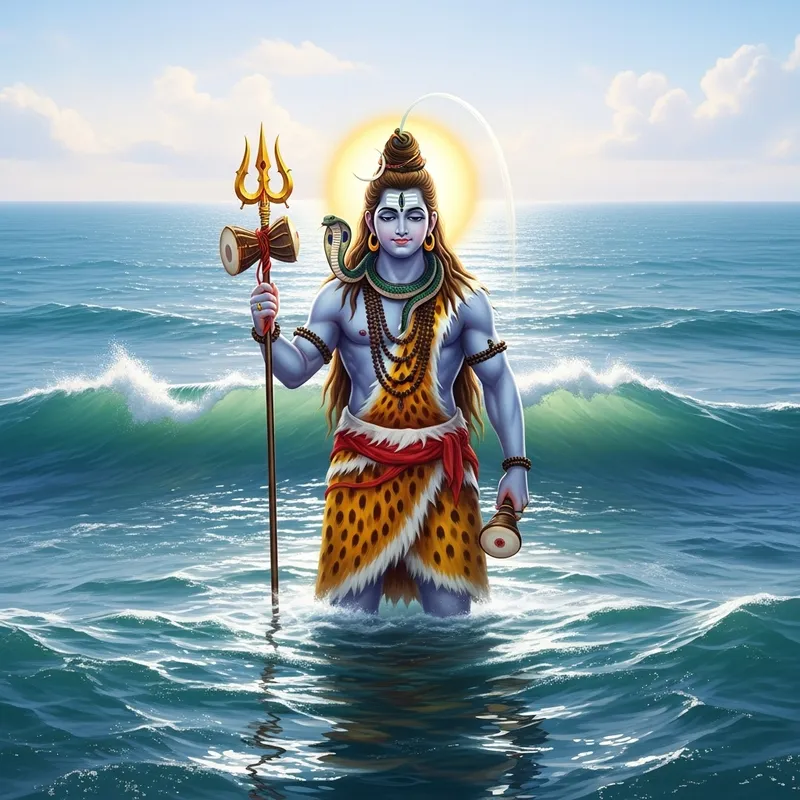 Shiva in Sea: Tranquil Deity Depiction | Hindu God Standing Serenely