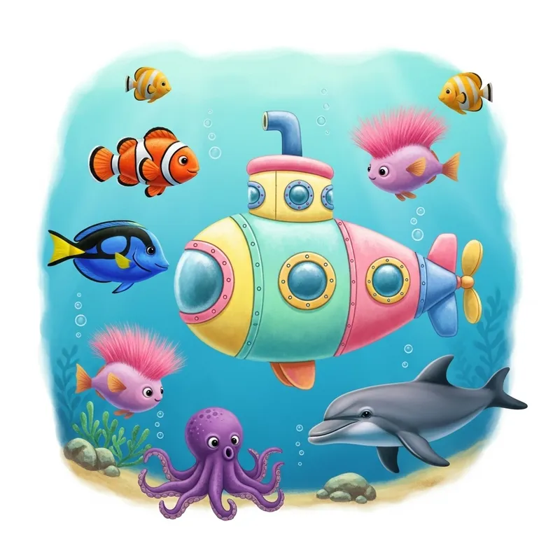 Cute Submarine Adventure with Colorful Sea Creatures Cute Submarine Adventure with Colorful Sea Creatures