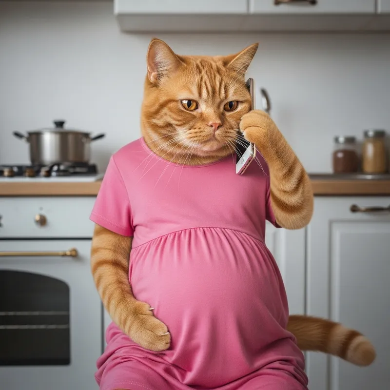 Realistic Portrait of a Pregnant British Shorthair Cat in Pink Dress Experiencing Contractions