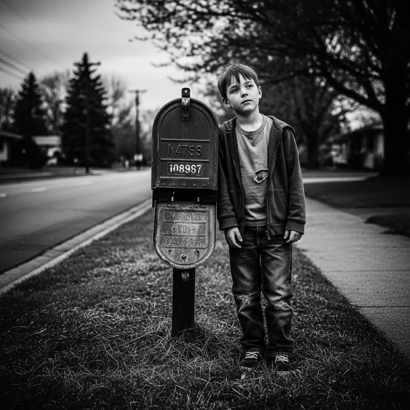 Moody Urban Scene: Boy by Weathered Mailbox in Vintage Black and White