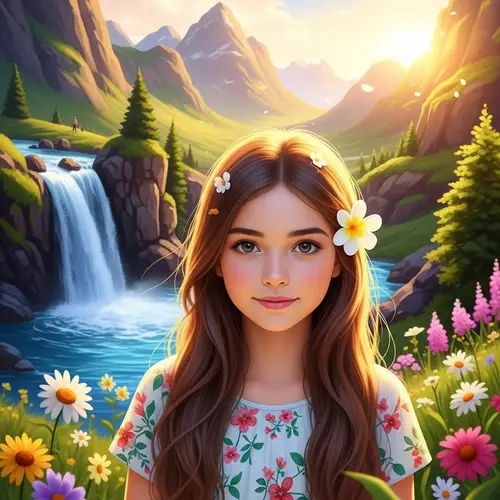 Enchanting Nature Scene with Waterfall, Mountains, Flowers, and Young Girl