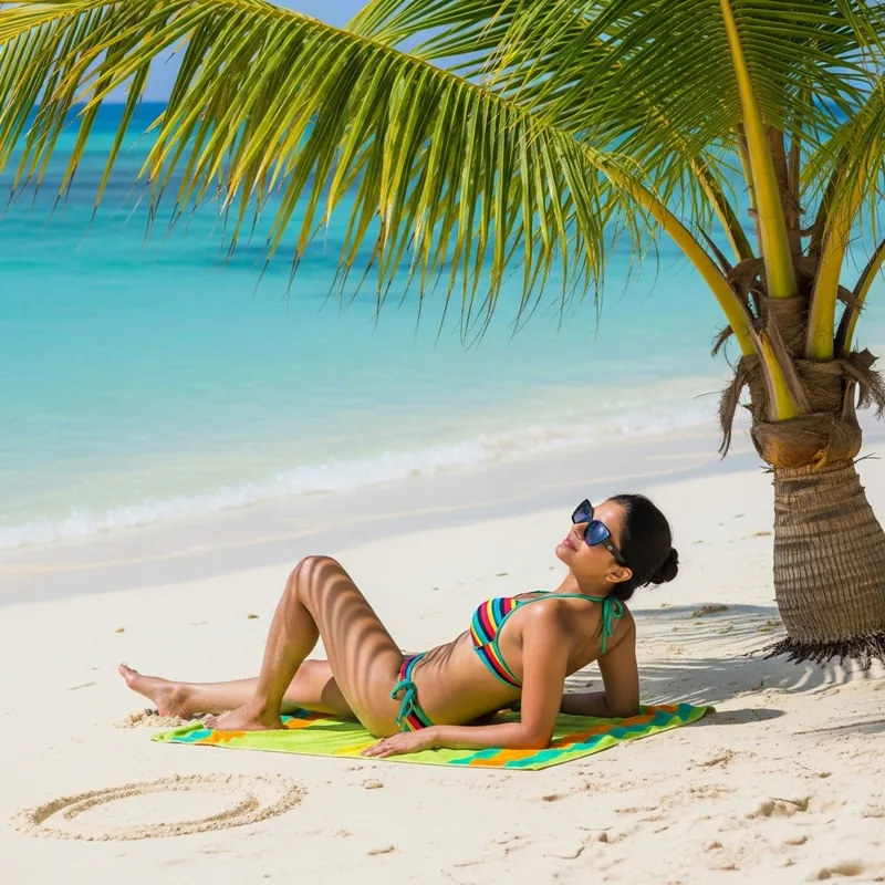 Tranquil South Asian Woman Sunbathing on Pristine Beach in Colorful Bikini