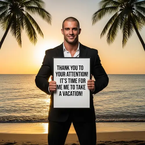 Muscular Man in Black Suit with Vacation Sign by the Sea