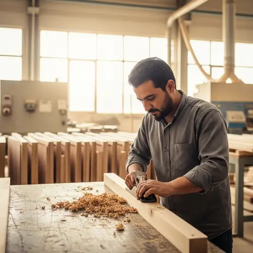 Middle-Eastern Woodworker Crafting Timber in a Factory