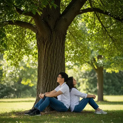Tranquil Nature Scene: East Asian Man & Middle Eastern Woman