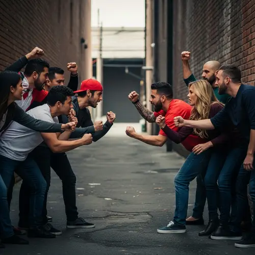 Intense Rivalry in Urban Landscape | Sports Enthusiasts Clash