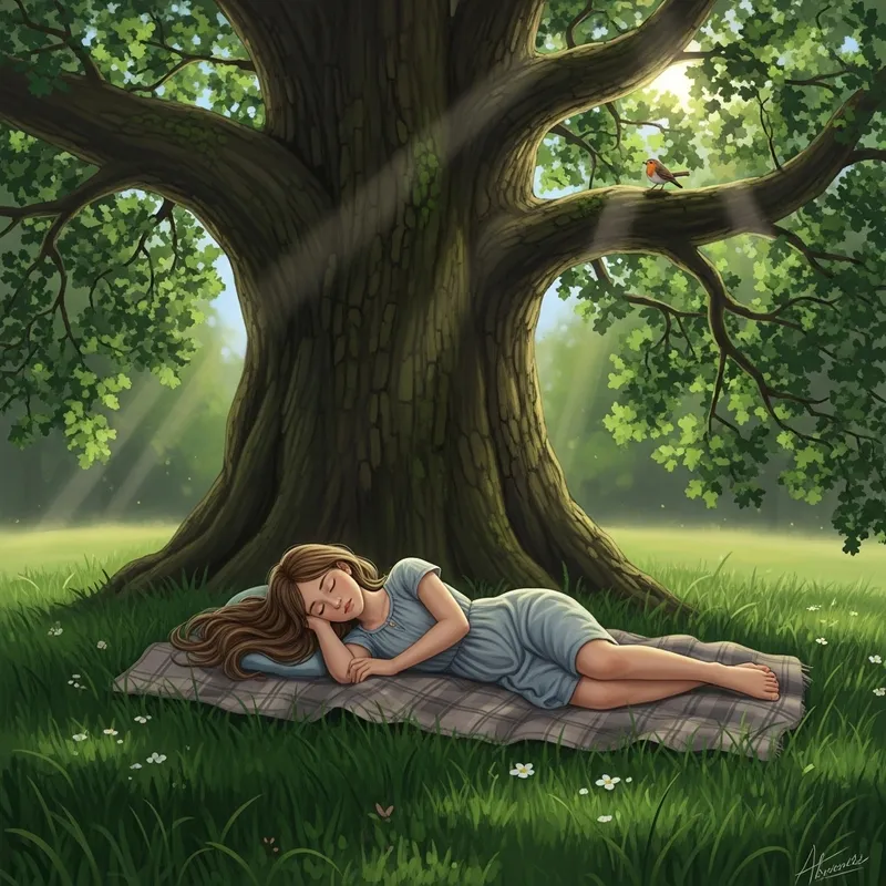 Tranquil Scene of a Beautiful Girl Sleeping Under a Majestic Oak Tree