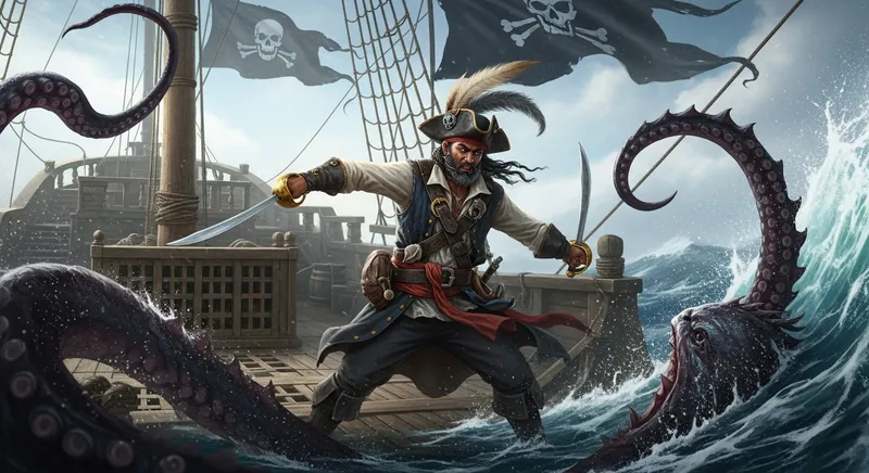 Swashbuckling Pirate Battles Kraken in Open Seas