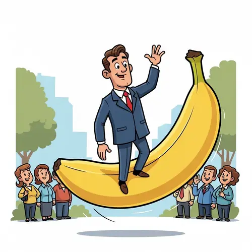 Cartoon Politician Riding Banana - Pedro Sánchez