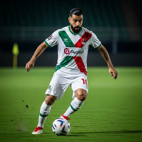 Middle-Eastern Male Football Player in White, Green, and Red Jersey