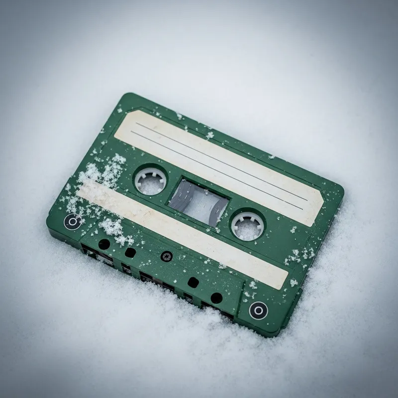 Melancholic Green Cassette in Snow - Nostalgic Photorealistic Image with Sad Vibes