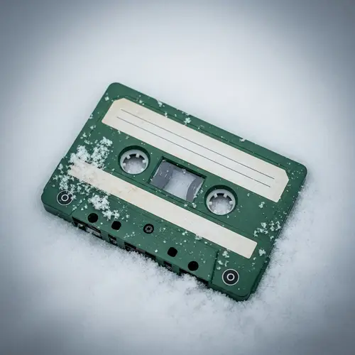 Melancholic Green Cassette in Snow - Nostalgic Photorealistic Image