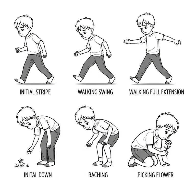 Young 2D Boy Expressions in Multi-step Walking & Flower Picking