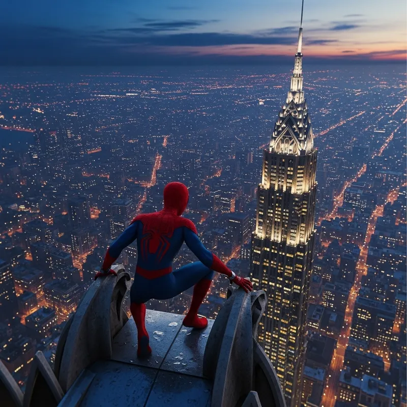 Spiderman overlooking city skyline in iconic costume