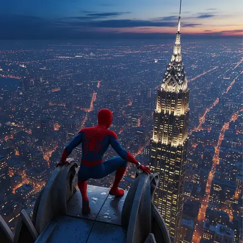 Superhero overlooking city skyline in red and blue costume