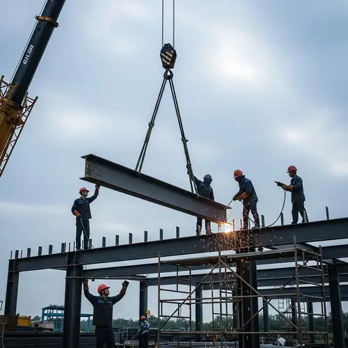 Steel Construction: Workers, Cranes, and Welding Scenes
