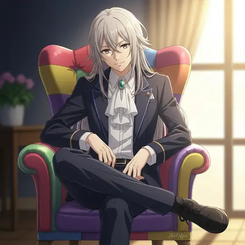 Playful Astolfo-Like Character Sitting on Colorful Chair