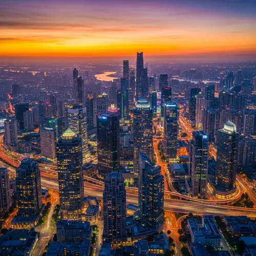 Captivating City Skyline at Sunset | Urban Landscape in Orange and Purple Hues