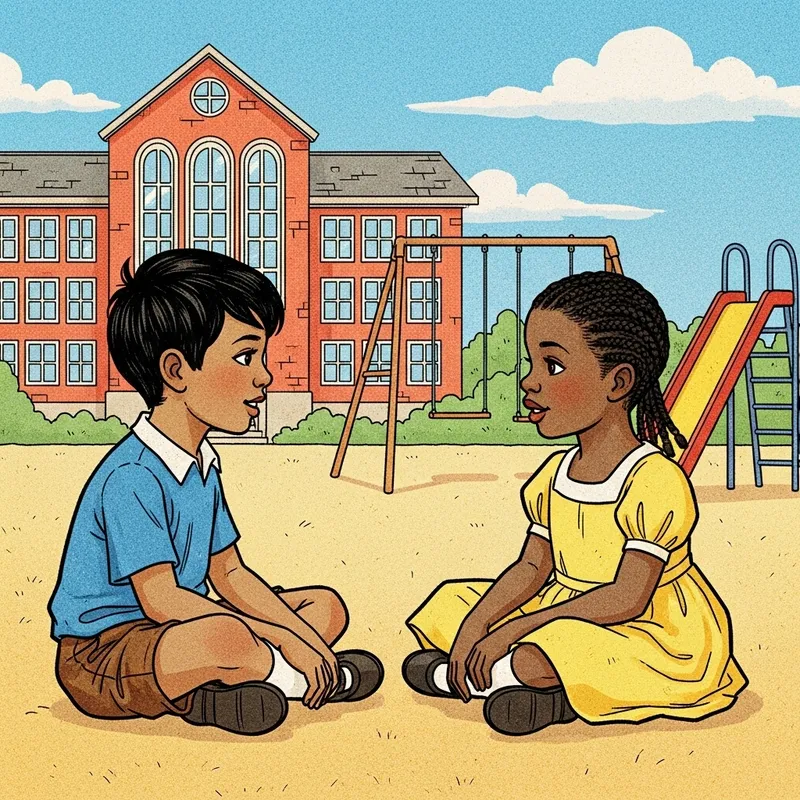 Bright Cartoon Illustration of Kids Chatting on School Playground