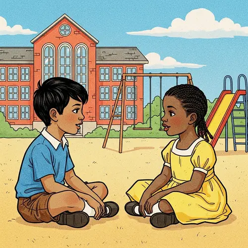Vibrant Cartoon Image of South Asian Boy and Black Girl Chatting on School Playground