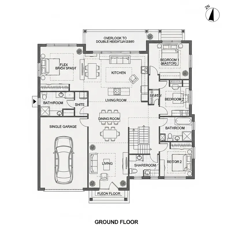Architectural Blueprint of House with Parking, Living Room, Dining Room, Kitchen, and Bedrooms