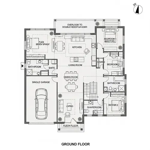 Architectural Blueprint of House with Parking, Living Room, Kitchen, and Bedrooms