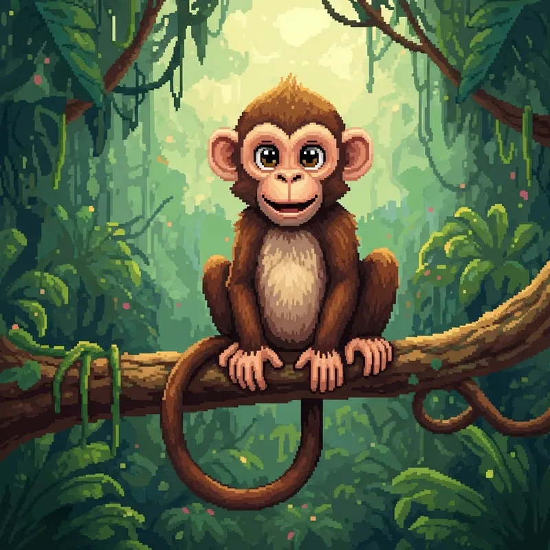 Pixel Art Monkey in a Cheerful Tropical Jungle Setting Pixel Art Monkey in a Cheerful Tropical Jungle Setting