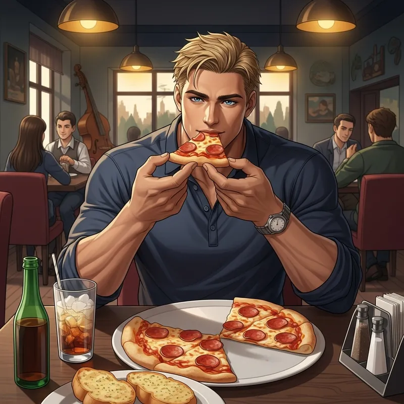 Ryan Gosling enjoying pizza in a cozy restaurant Ryan Gosling enjoying pizza in a cozy restaurant