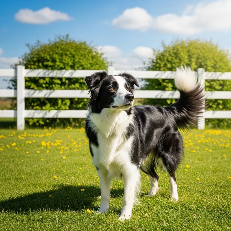 Black and White Dog in Green Field - Excitement & Joy