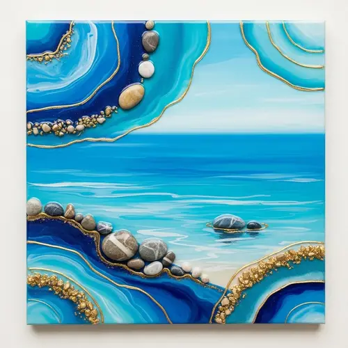 Abstract Seascape Oil Painting with Vibrant Blue Tones and Gilded Touch