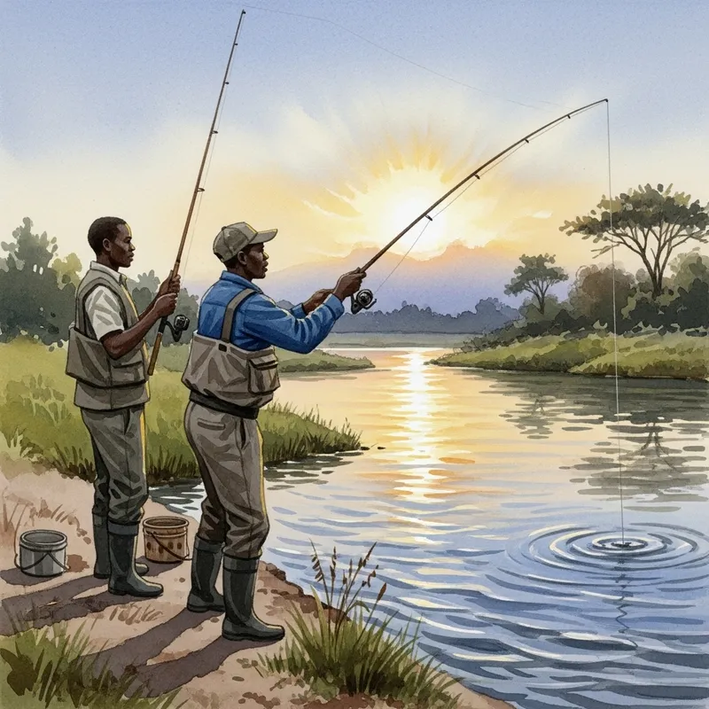 African Men Fishing in River - Watercolor Painting