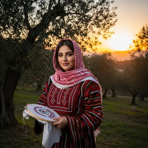 Palestinian Woman in Traditional Embroidered Clothing at Sunset
