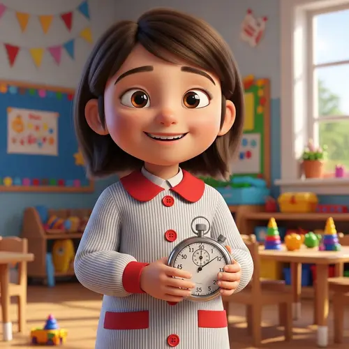 Young Girl Character with Stopwatch in School Smock | Kinder Classroom Theme