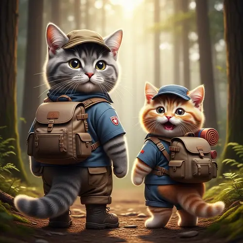 Realistic Gray Tomcat and Ginger Kitten Hiking in Forest