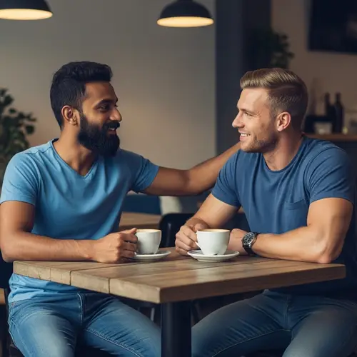 Diverse Male Friends Conversing Over Coffee in Cozy Café