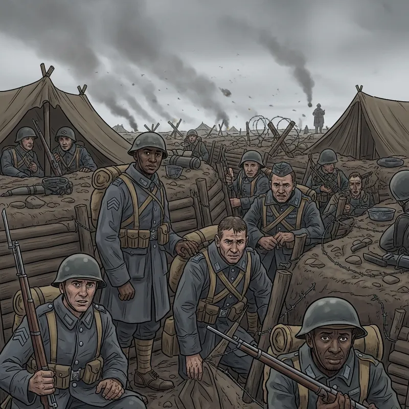 Diverse Soldiers in WW1 Trenches: A Historical Scene
