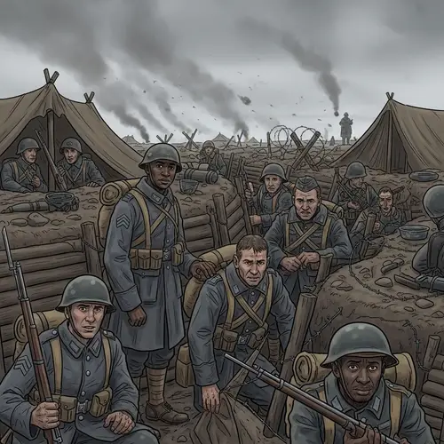 Diverse Soldiers in WW1 Trenches: A Historical Scene