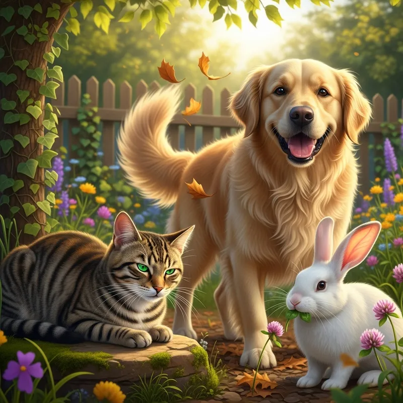 Friendly Dog, Cat, and Rabbit Interaction Scene