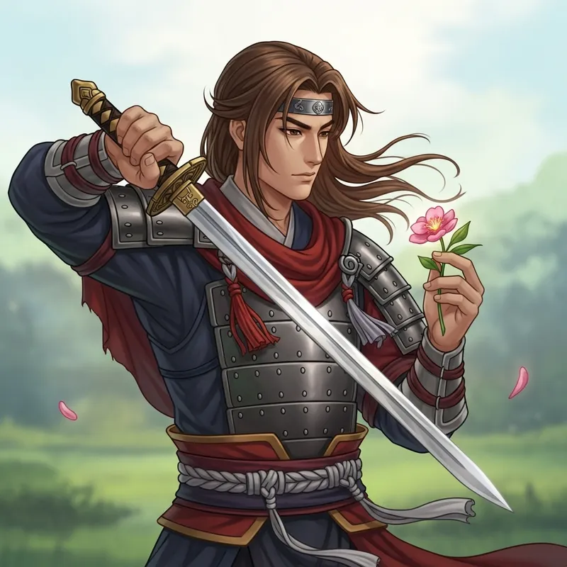 Tranquil Dao Warrior with Flowing Brown Hair, Sword, and Flower