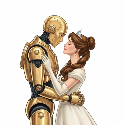 Romantic Embrace Between Shiny Gold Robot and Princess
