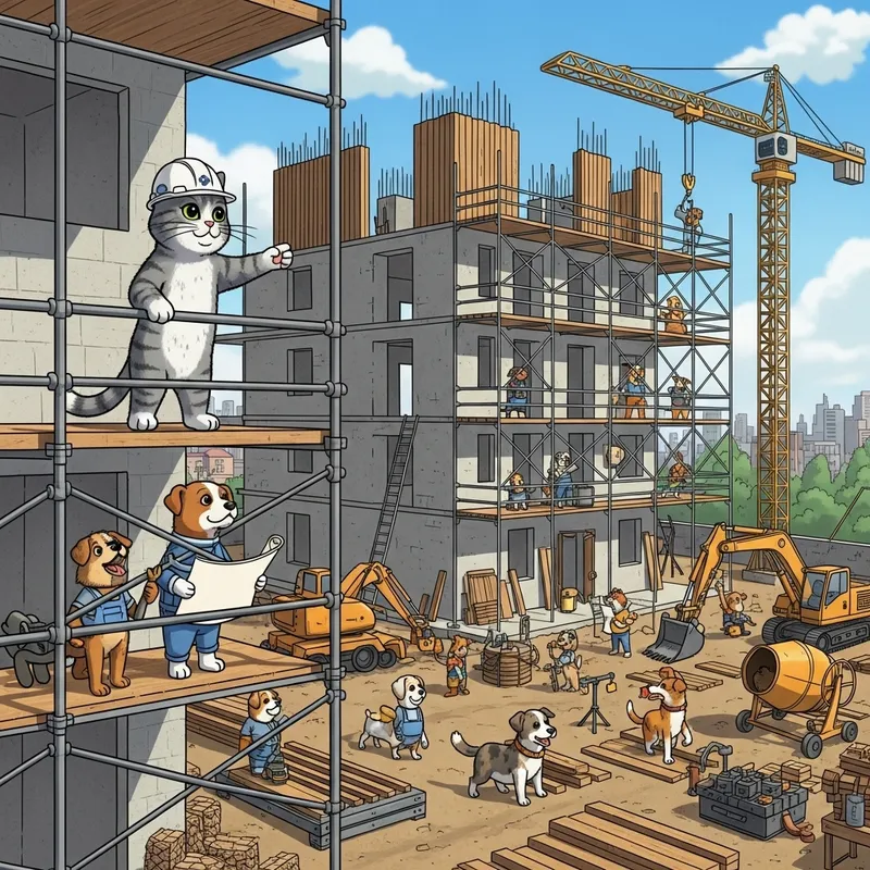 5-Story Building Construction Scene with Cat Supervisor and Dog Crew