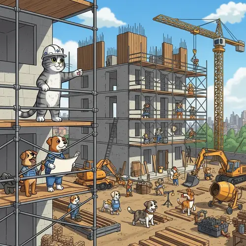 5-Story Building Construction with Cat Supervisor and Dog Crew