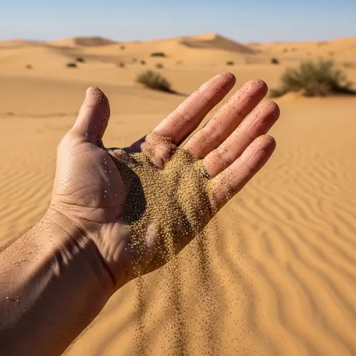 Golden Sand Slipping Through Sun-Kissed Hand | Desert Landscape View