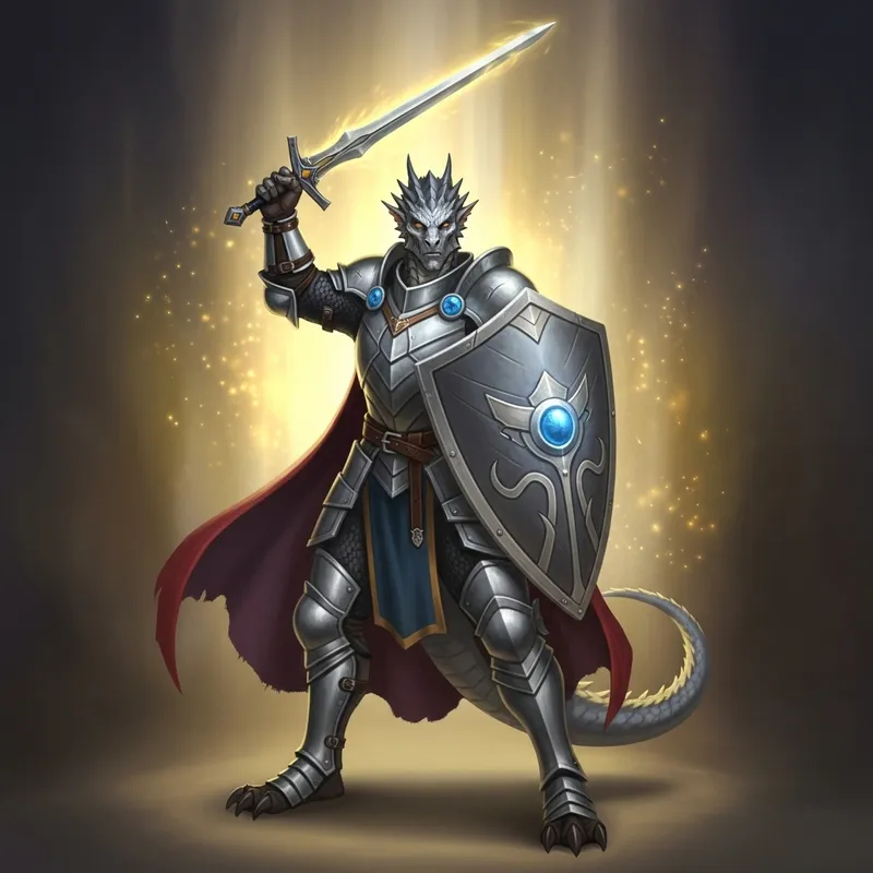 Realistic Silver Dragonborn Paladin with Magical Shield and Sword in Silver Armor