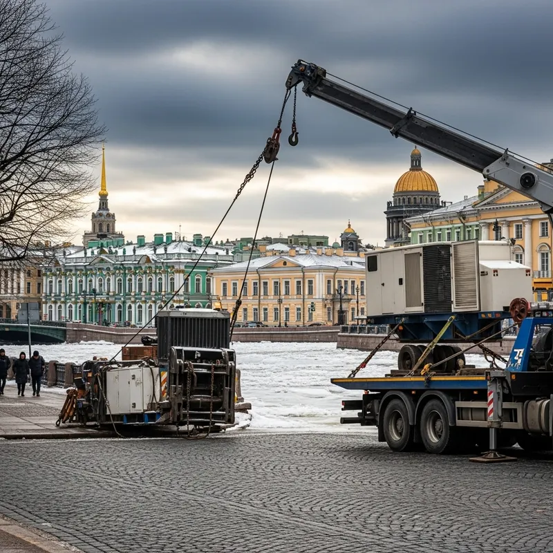 Winter Scene: Tow Truck Loads Special Equipment in St. Petersburg Winter Scene: Tow Truck Loads Special Equipment in St. Petersburg