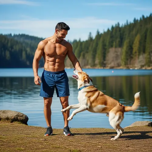Athletic Man Playing with Dog by Serene Lake | Joyful Interaction