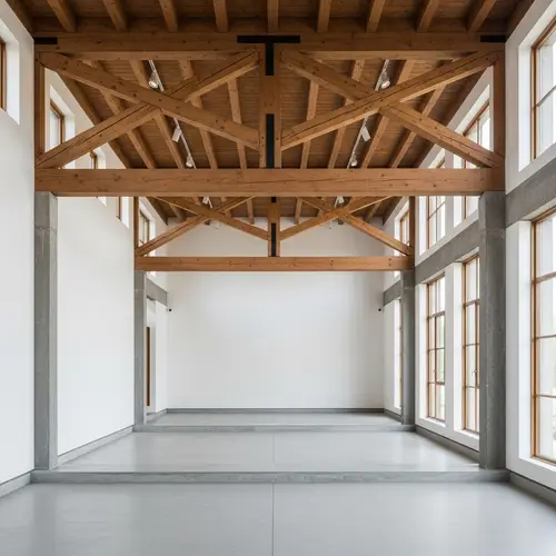 Contemporary Art Gallery: Concrete & Wood Beams